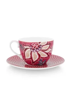 Pip Studio Flower Festival Set/2 Cappuccino Tasse & Undertasse Dunkelrosa