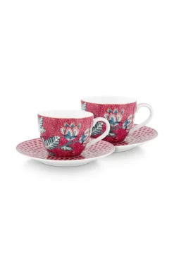 Discount Pip Studio Flower Festival Set/2 Espresso Tasse & Undertasse Dunkel Rosa